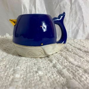 Narwhal Whale Coffee Mug Tail Handle Cup Blue Gold Cracker Barrel sea unicorn